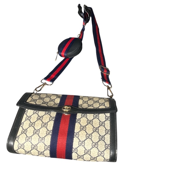 Vintage GUCCI Clutch Bag With Navy/Red Unbranded Replacement Strap & Coin Case - Picture 3 of 7